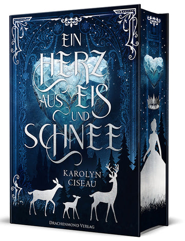 Das Cover zeigt mittig ein Herz aus Eis, darunter einen Hirsch, ein Reh und ein Rehkitz, in grau-weiß vor einer schattigen Waldlandschaft. Der Titel ist ebenfalls in grau-weiß mittig vor dem Herz.